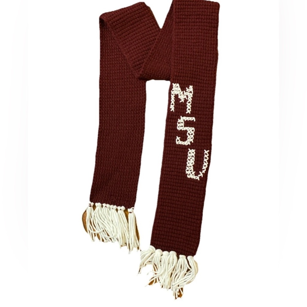 MSU Mississippi State Maroon Knit Scarf with White Fringe handmade